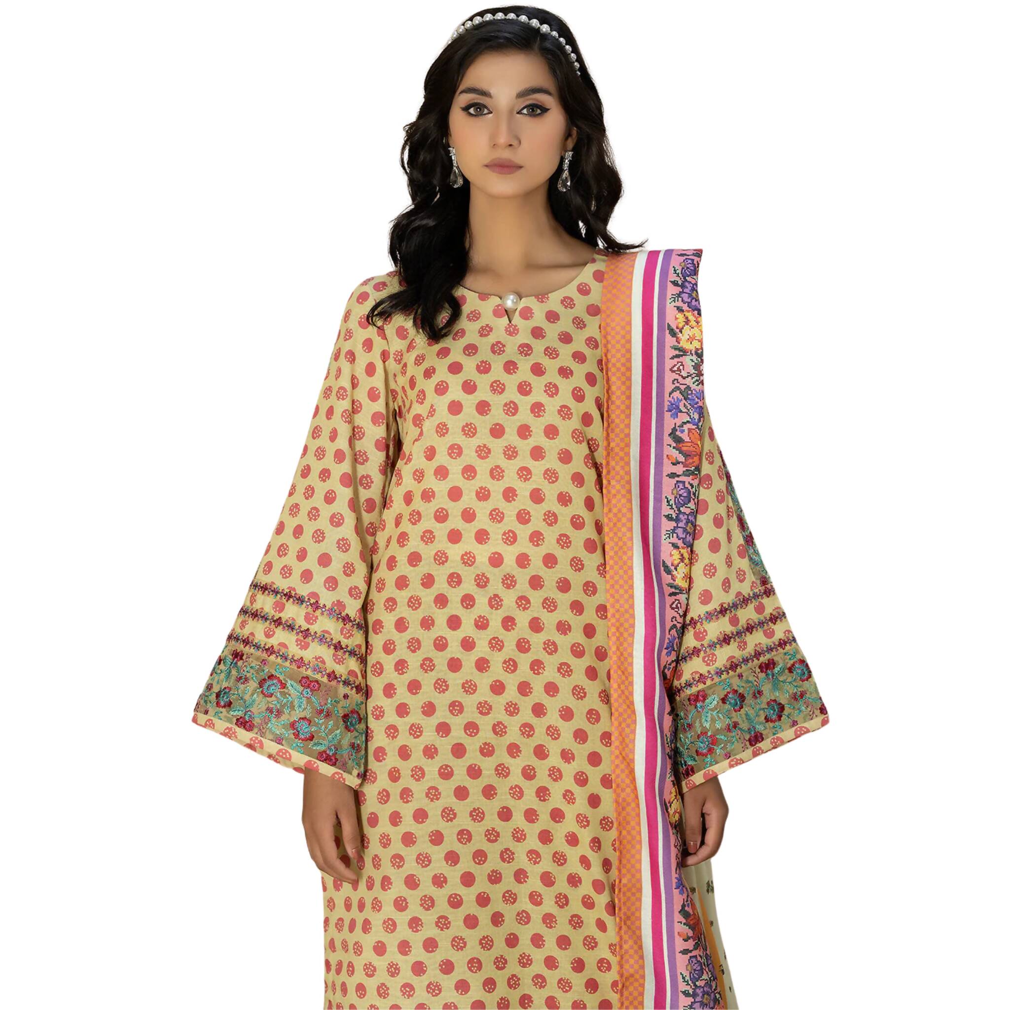 Suit, Khaddar with Polka Dots, Woolen Shawl & Delicate Pearl, Available in Stitched & Unstitched