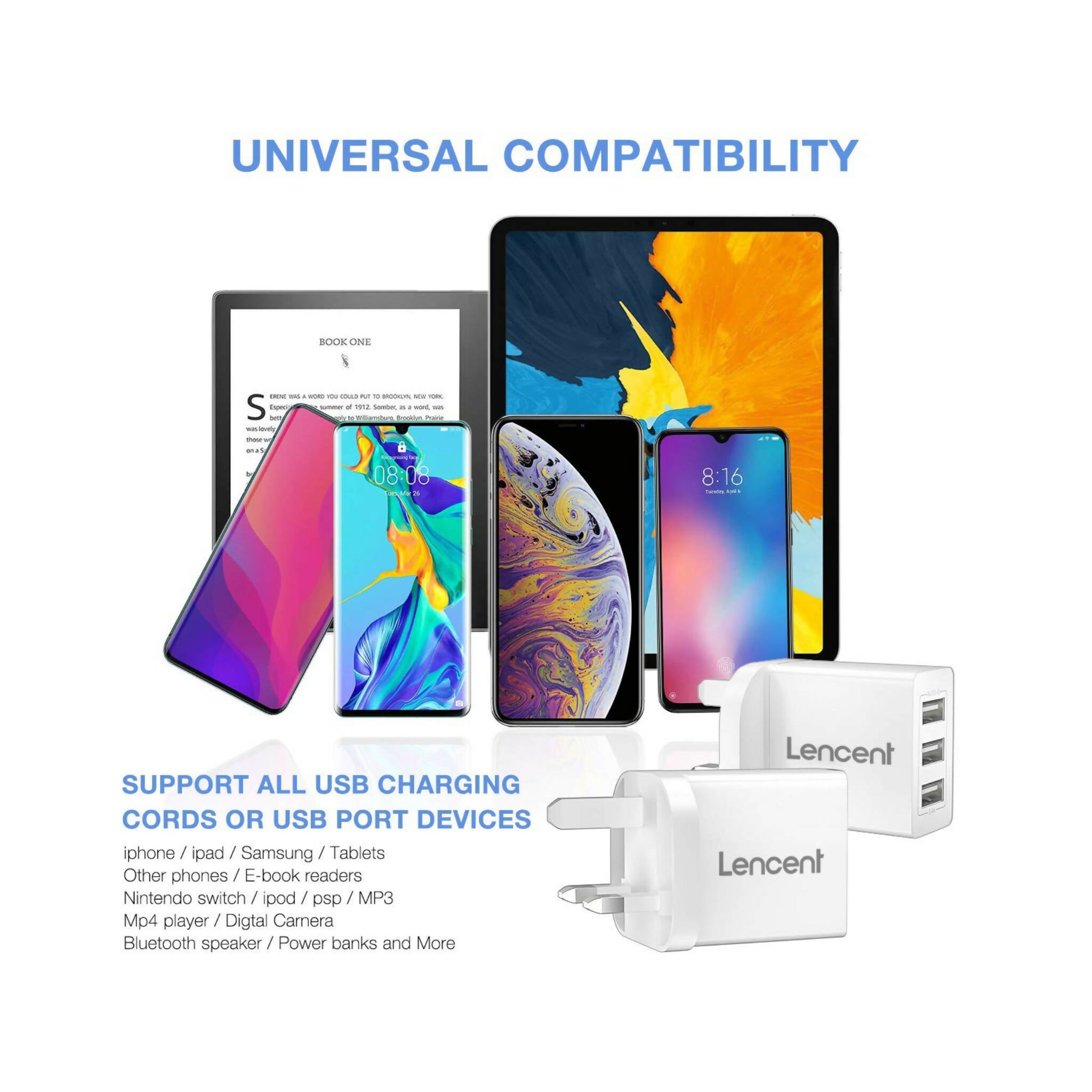 Lencent UK USB Wall Charger, 3 Port 5V/2.4A, Multi-Port