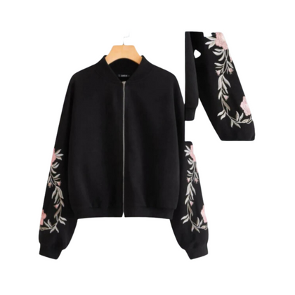 Embroidered Floral Detail Zip Up Bomber Jacket For Women