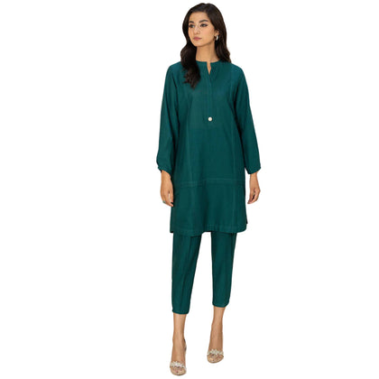 Suit, Contemporary Teal Khaddar Ensemble with Pearl Detailing, for Women