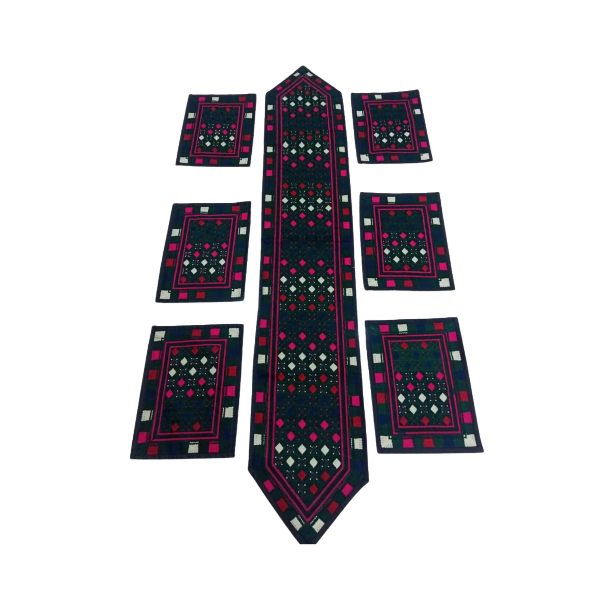 Table Runner Set, Handmade Ari Work with 6 Table Mats Patchwork Design & 7-Piece Ensemble