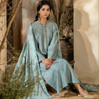 Suit, Sea Green Embroidered 3Pc with Cross-Stitch Vibrant Pink & Green Accents