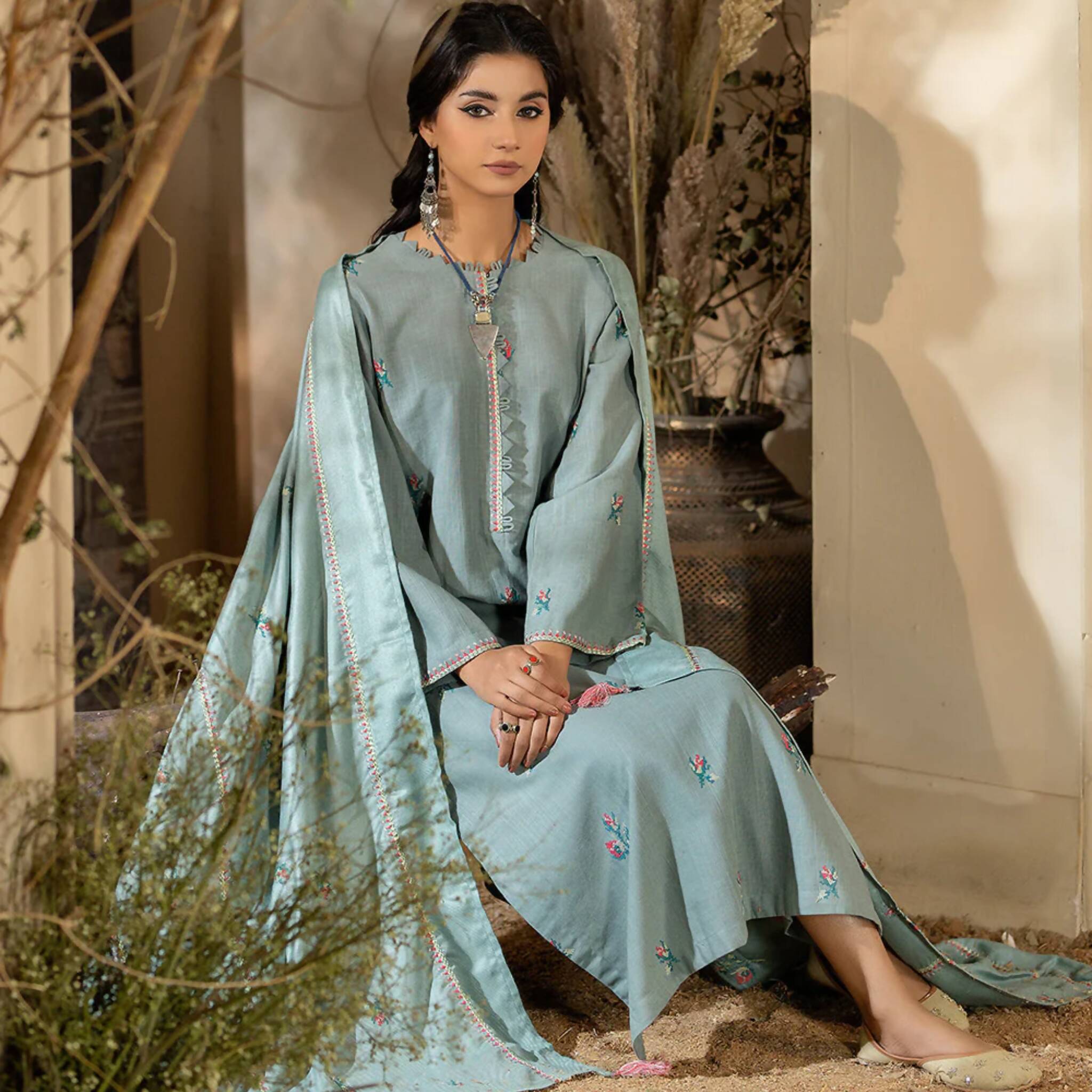 Suit, Sea Green Embroidered 3Pc with Cross-Stitch Vibrant Pink & Green Accents