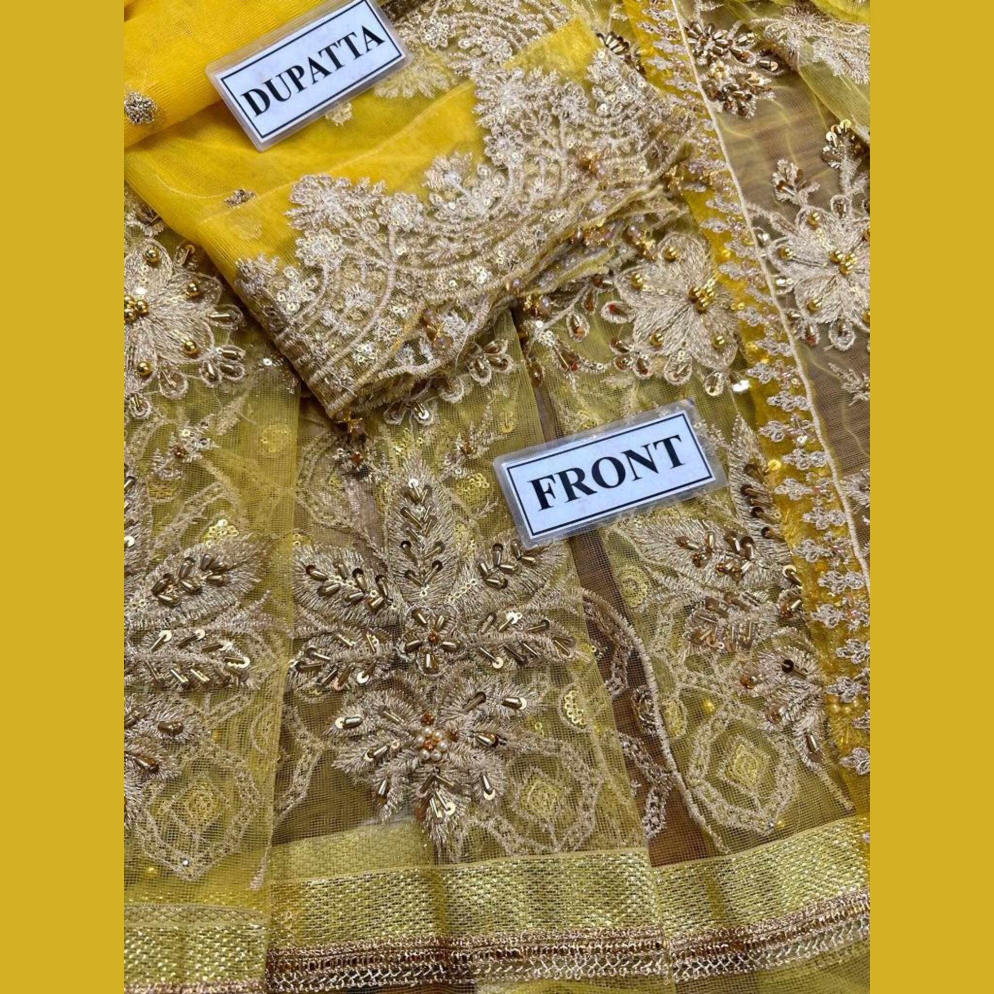 Unstitched Suit, Net Mehndi Mayon Frock Maxi Dress with Embroidered Dupatta, for Women