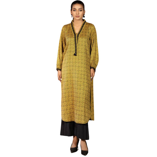 Yellow Jacquard Shirt, Elegance with Indian Collar, Lace Detailing, & Playful Tassels