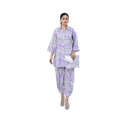 Suit, Chic and Elegant Two-Piece Lilac Viscose Lawn Shirt & Trouser Set