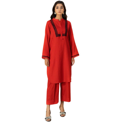 Suit, Red Embroidered 2Pc,Vibrant Red Self-Jacquard 2-Piece Set with Black
