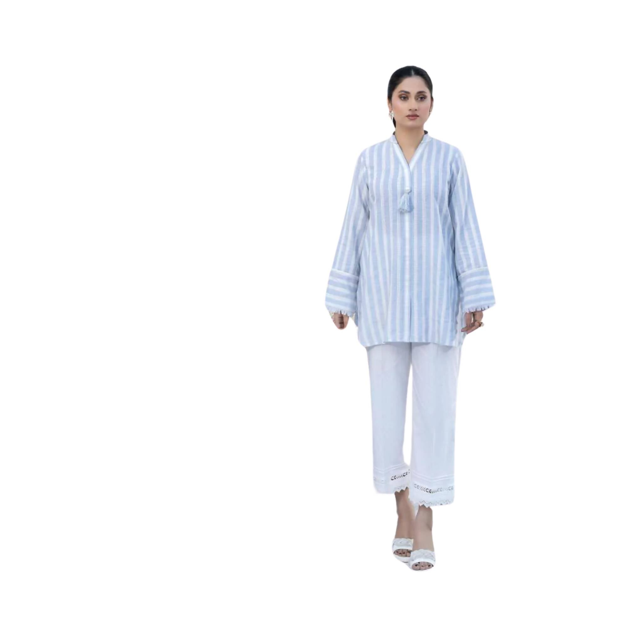 Shirt, Chic White & Blue Striped Cotton Lawn with Frayed Sleeves & Tassel