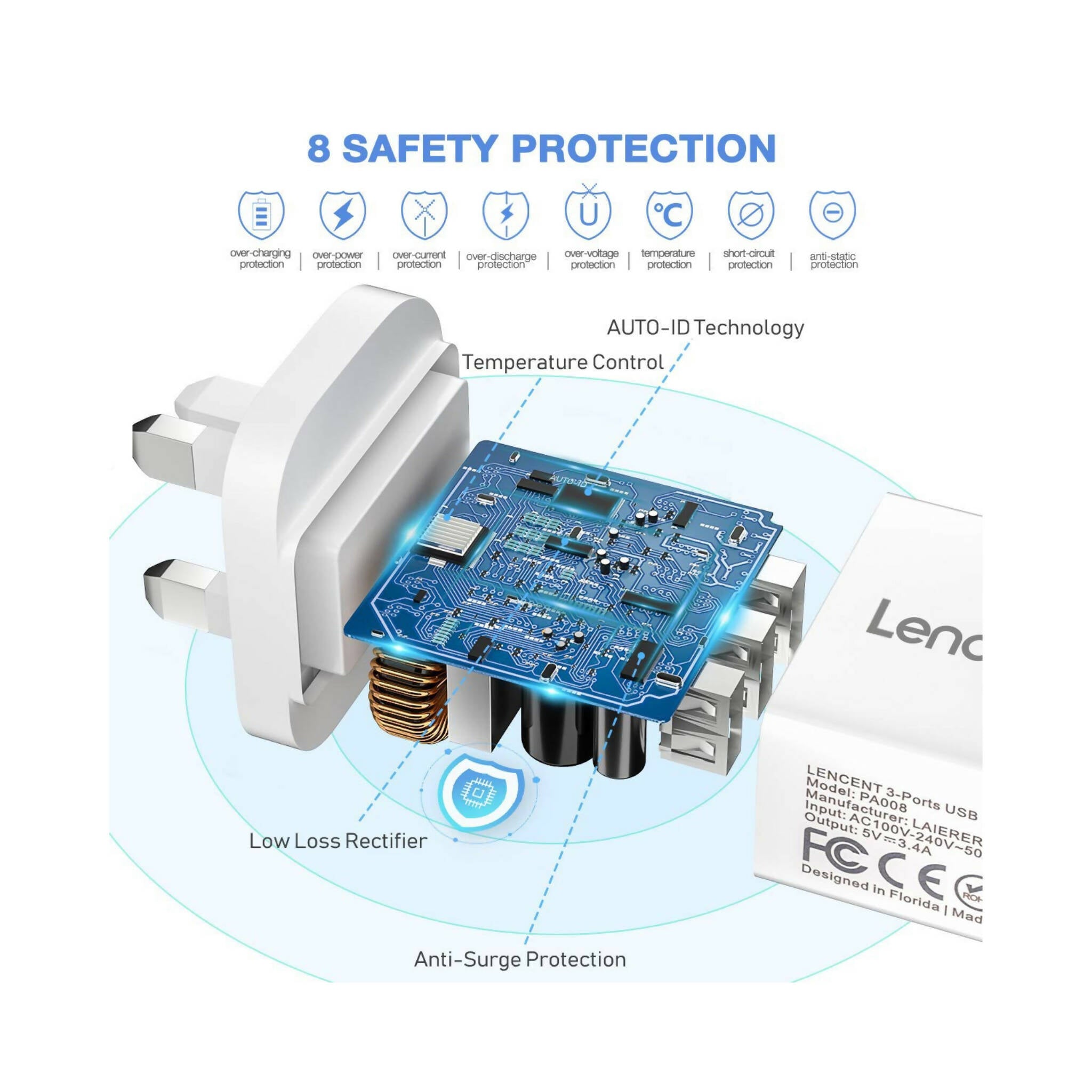 Lencent UK USB Wall Charger, 3 Port 5V/2.4A, Multi-Port