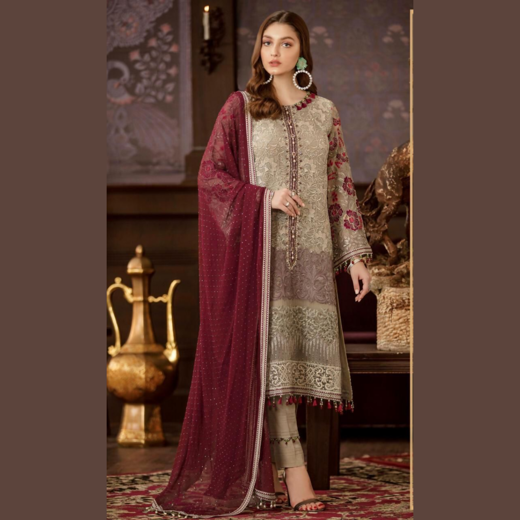 Unstitched Suit, Exquisite Chiffon Embroidery Collection, Flossie Festive, for Ladies