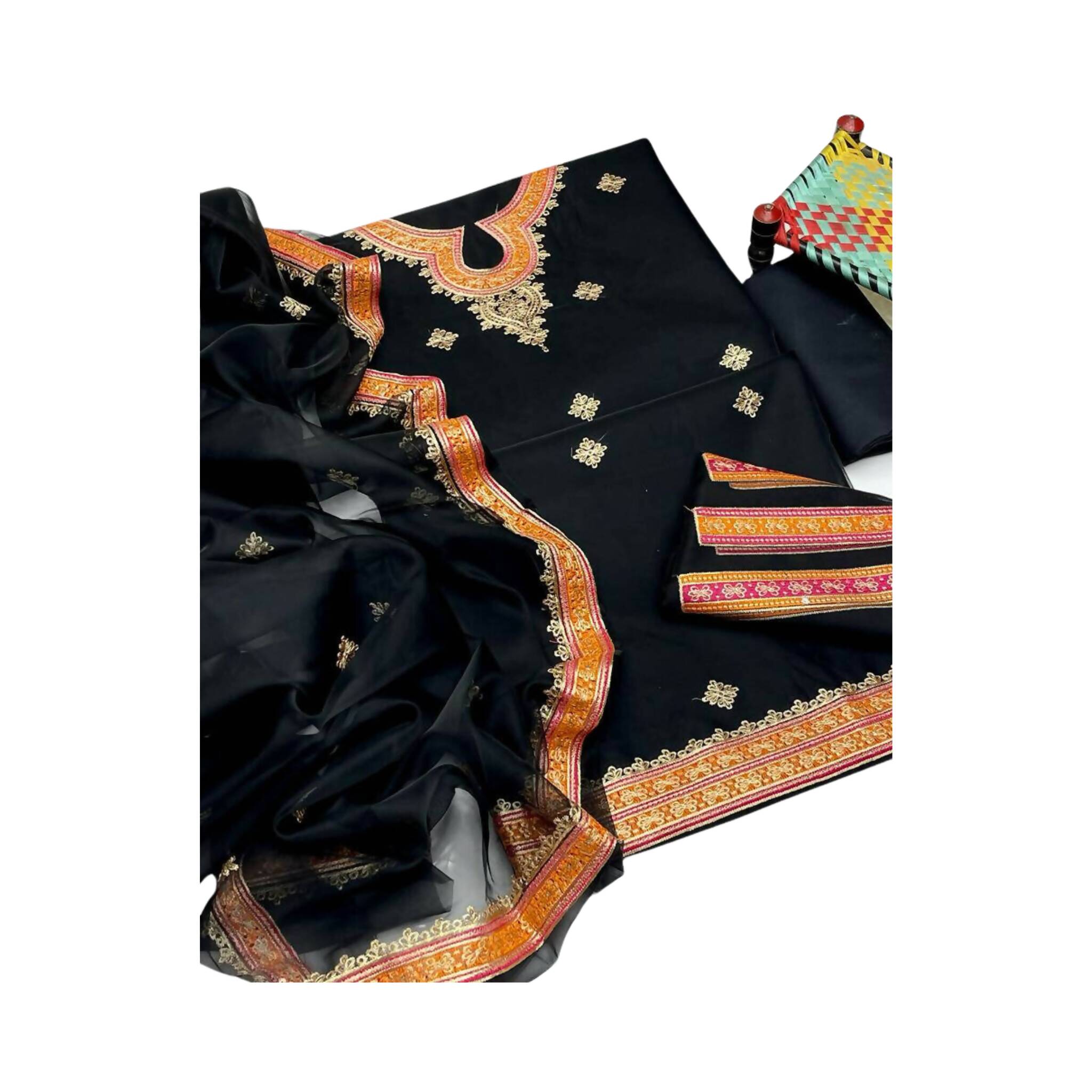 Unstitched Suit, Organza with Machine Embroidery & Resham/Tilla Work, for Women