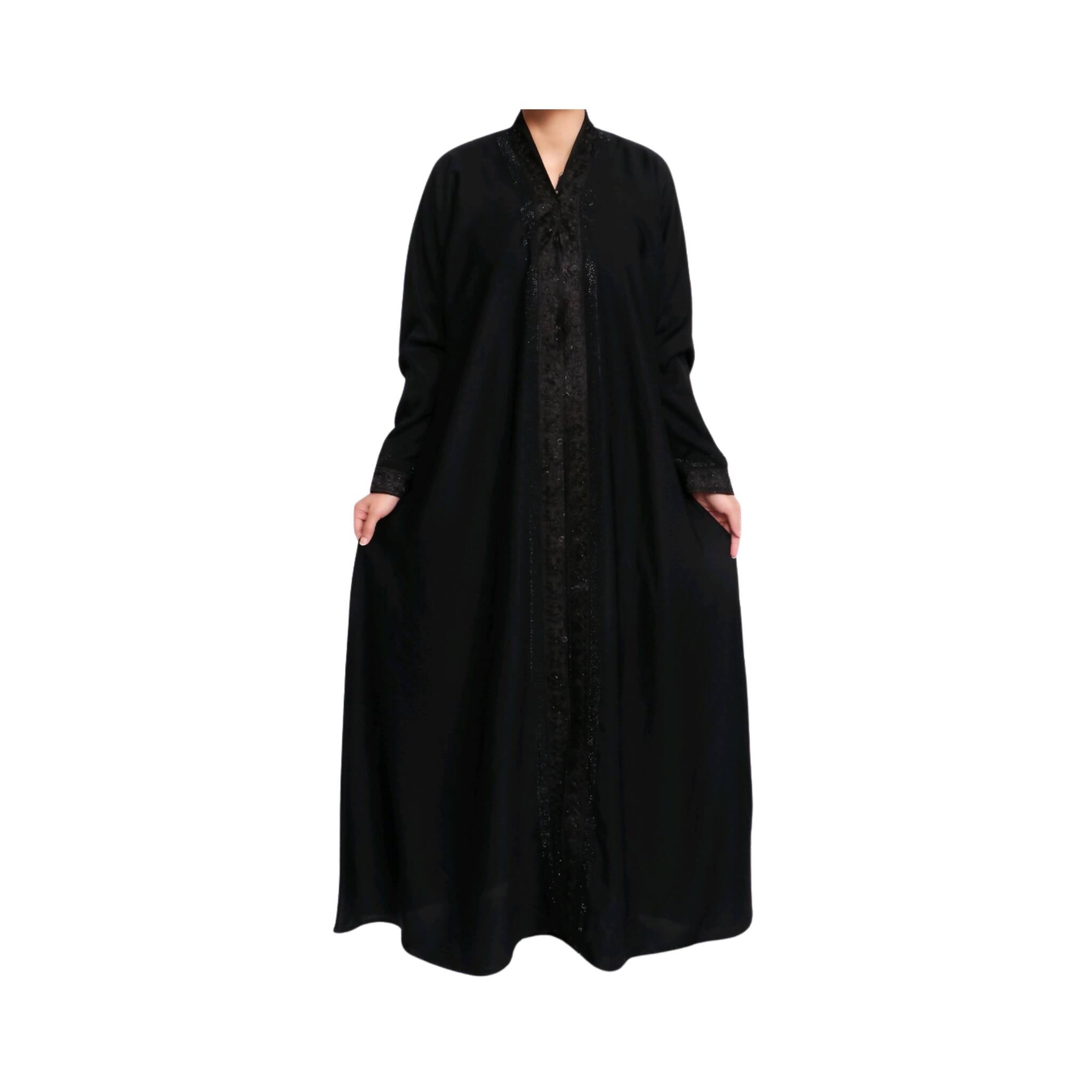 Abaya, Black Lace & Mokesh Embellished 1-Piece Modest Elegance, for Women