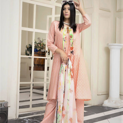 Unstitched Suit, Peach Parfait 3-Piece Printed Lawn & Soft Elegance in Every Thread