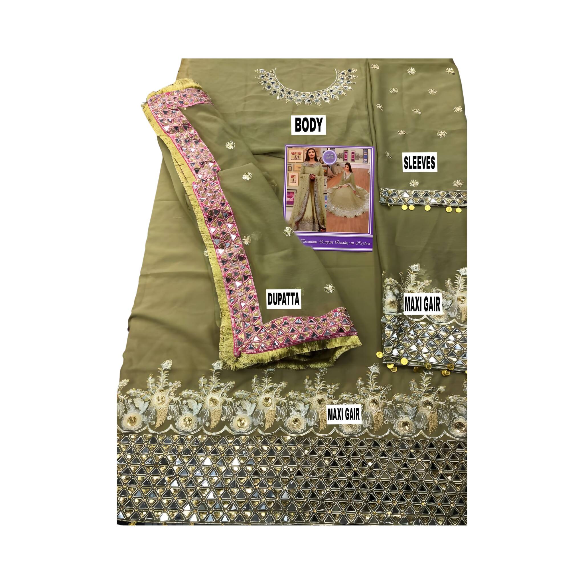 Unstitched Suit, Chiffon & Malai Ensemble with Intricate Embroidery, for Women