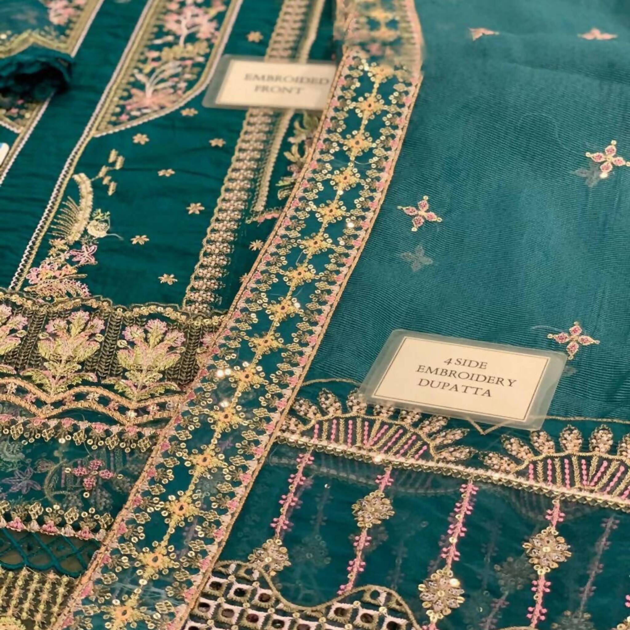 Unstitched Suit, Lawn Fully Embroidered Front Organza Dupatta & Dyed Trouser