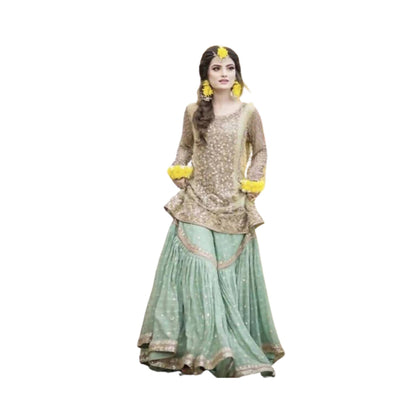 Stitched Suit, Net Dori Work Wedding Wear Embroidered Shirt, Dupatta, Palazzo, for Women