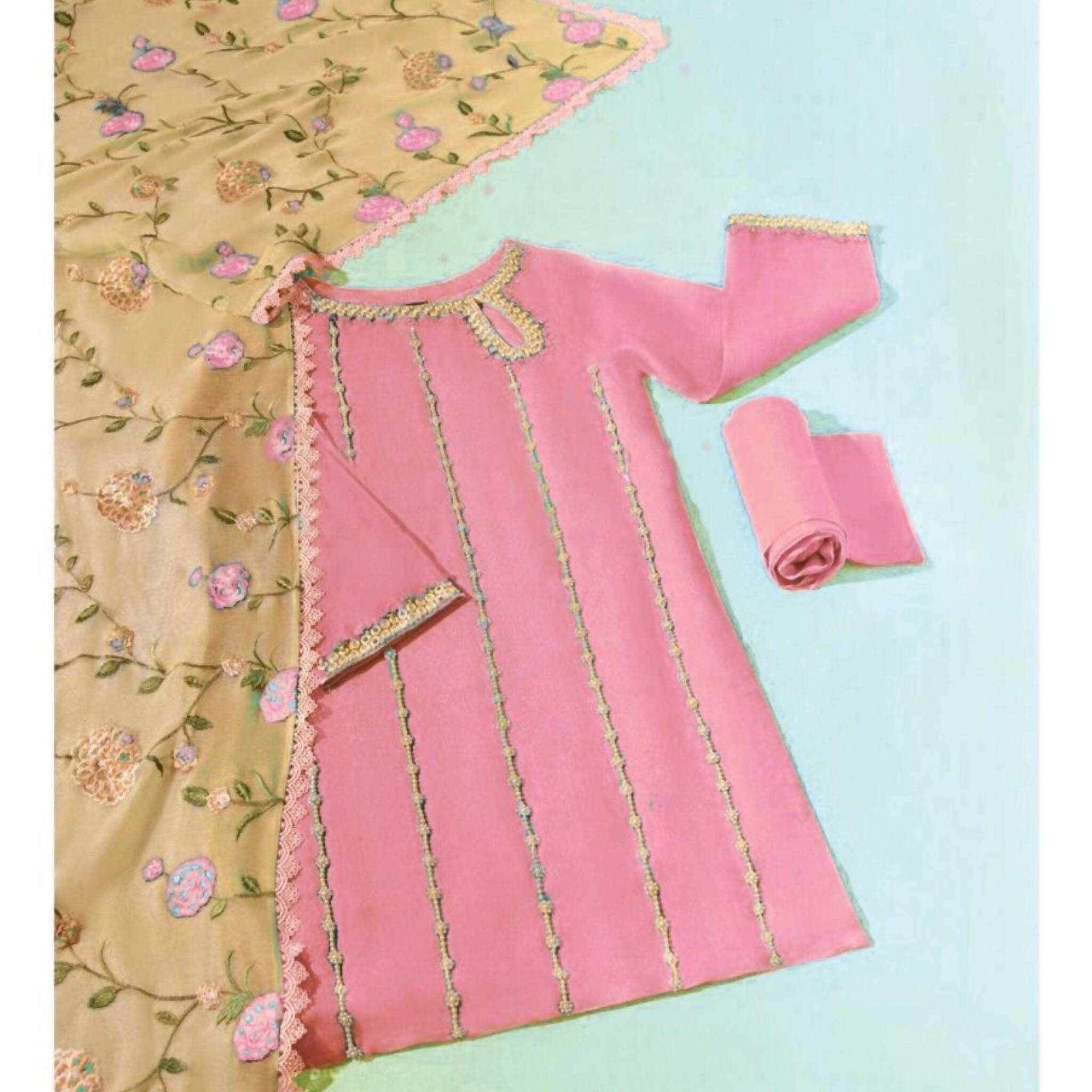 Unstitched Suit, Adda Work, Embroidered Dupatta & Stylish Malai Trouser