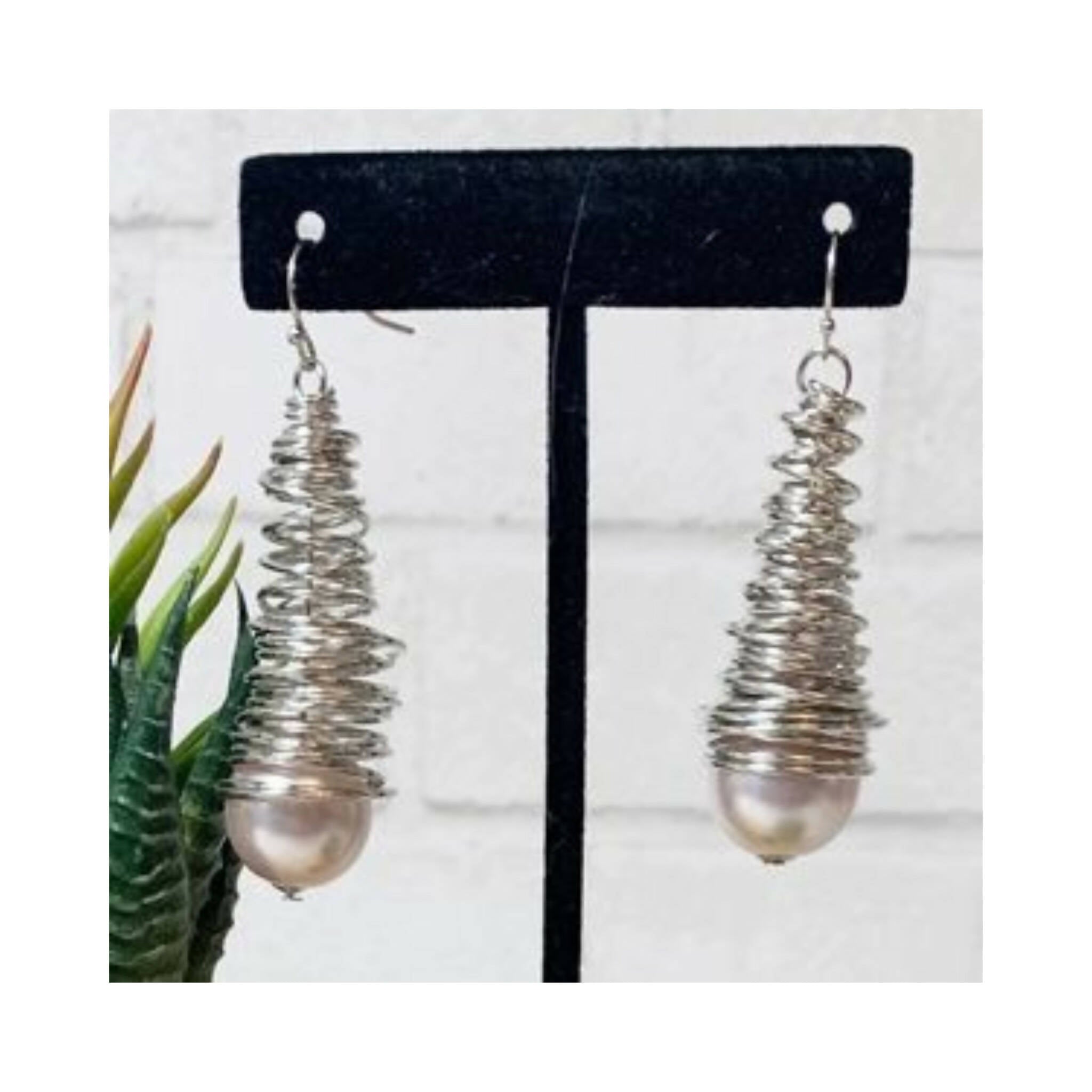 Wire Hook Earrings with Silver Wire and Pink Pearl