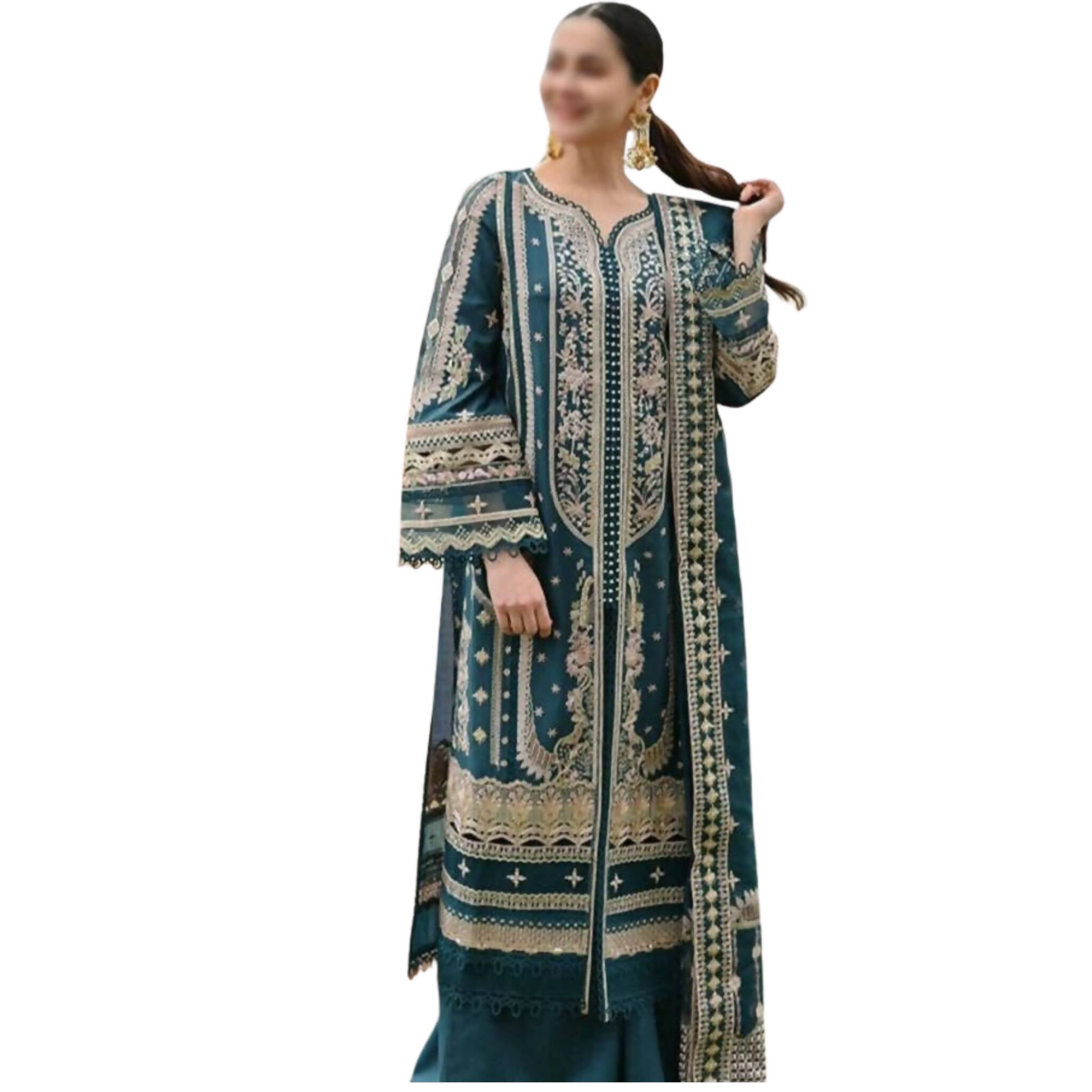 Unstitched Suit, Lawn Fully Embroidered Front Organza Dupatta & Dyed Trouser