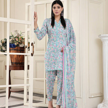 Unstitched Suit, 3-Piece Printed Lawn with Ocean Lovers Elegance, for Women
