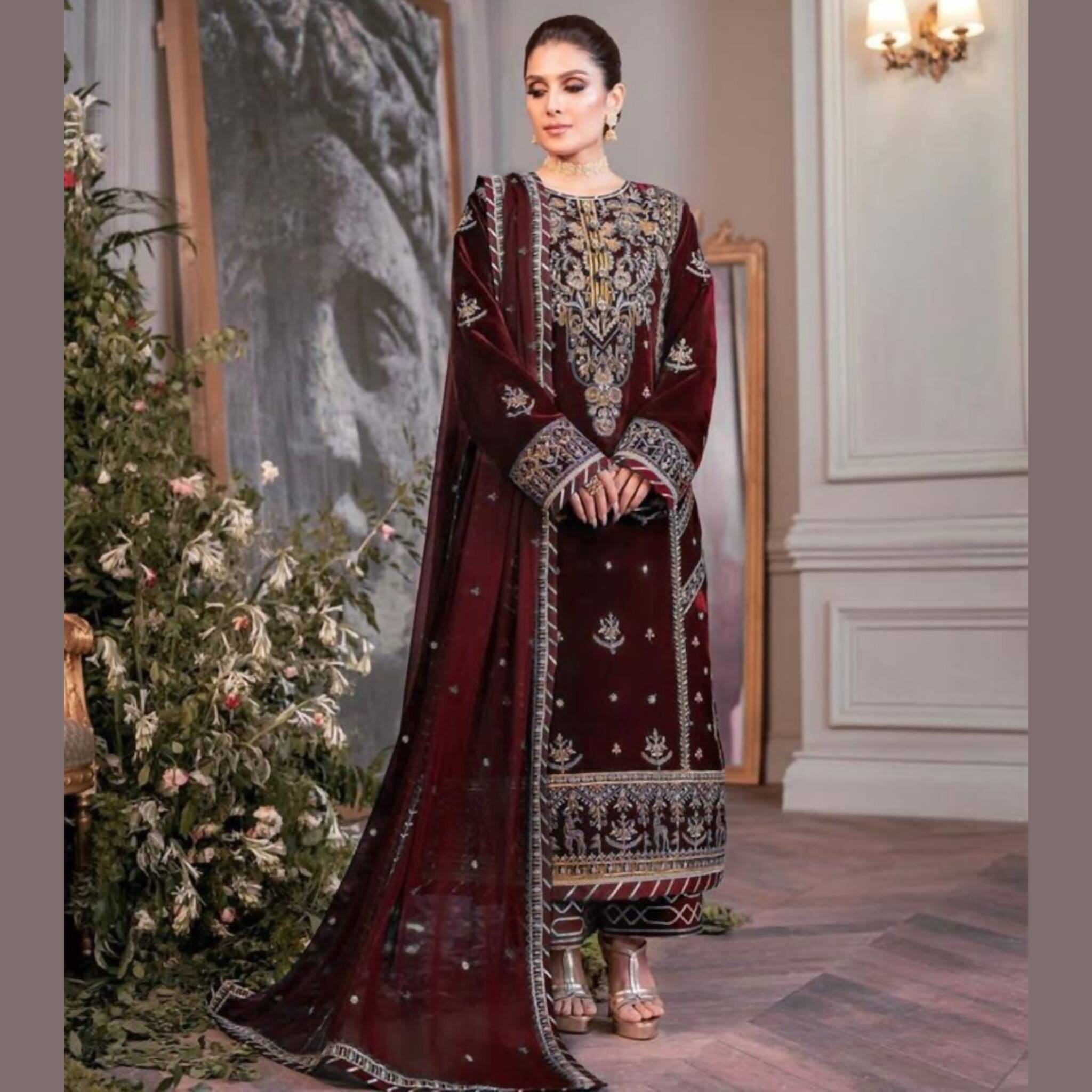 Unstitched Suit, Fully Heavy Embroidered Spangle Work with Dyed Malai Trouser