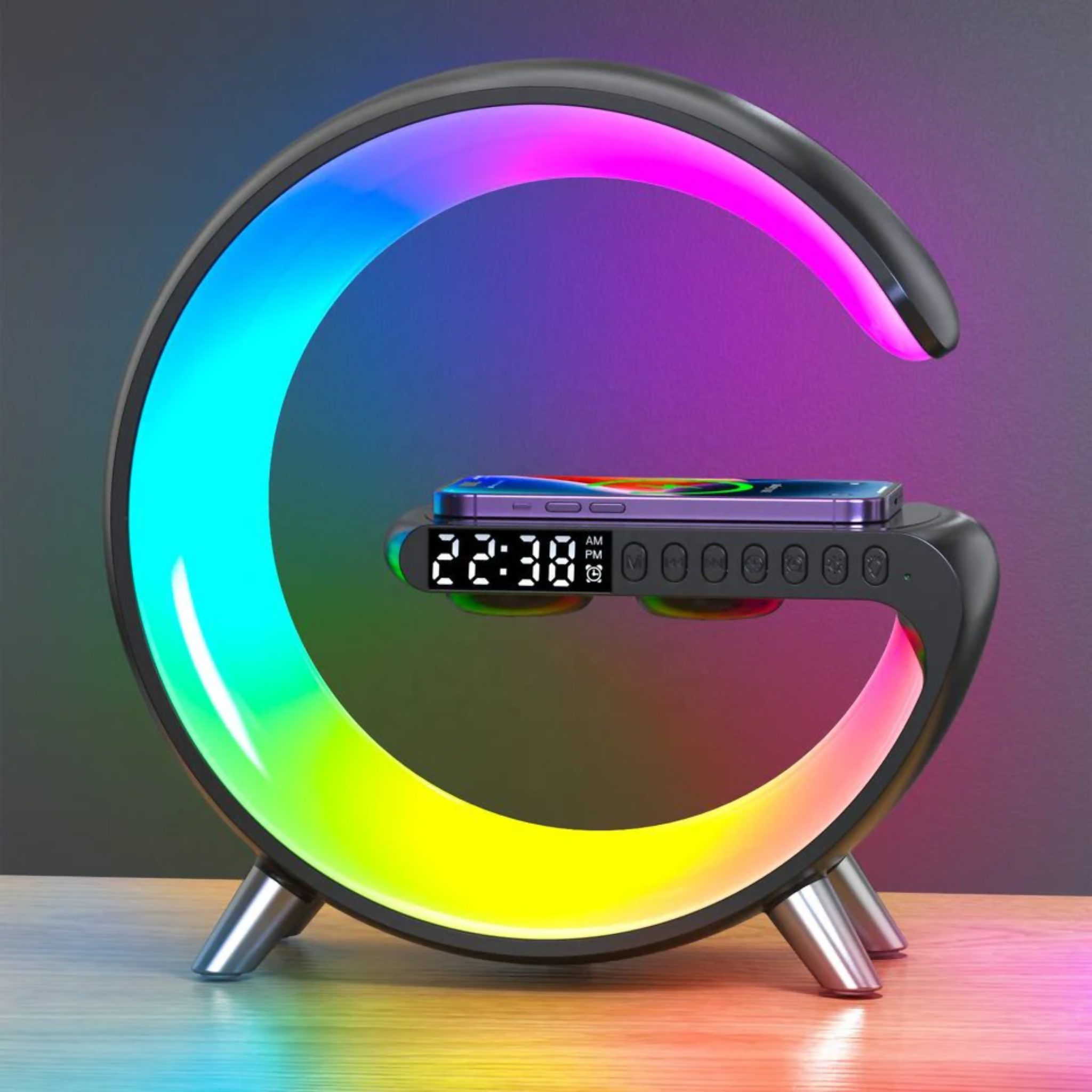 Wireless Charger Atmosphere Lamp,Bedside Lamp with Alarm Clock Bluetooth Speaker
