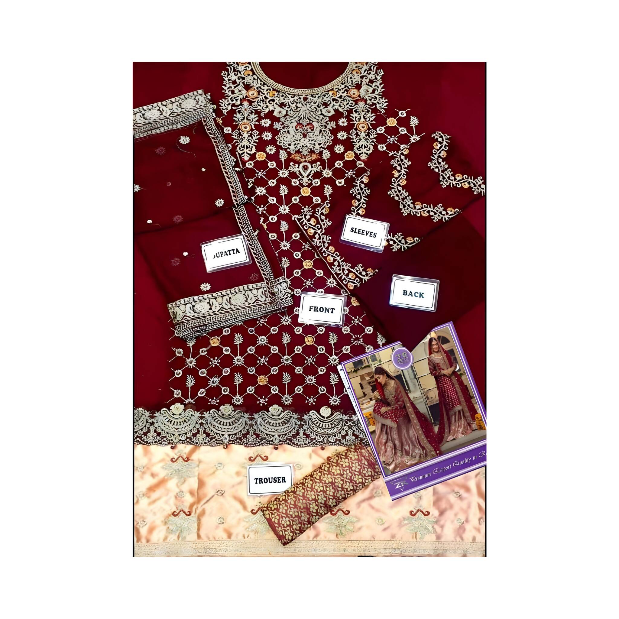 Unstitched Suit, Elegant Chiffon & Silk Ensemble, Intricate Embroidery with Jamawar Trouser