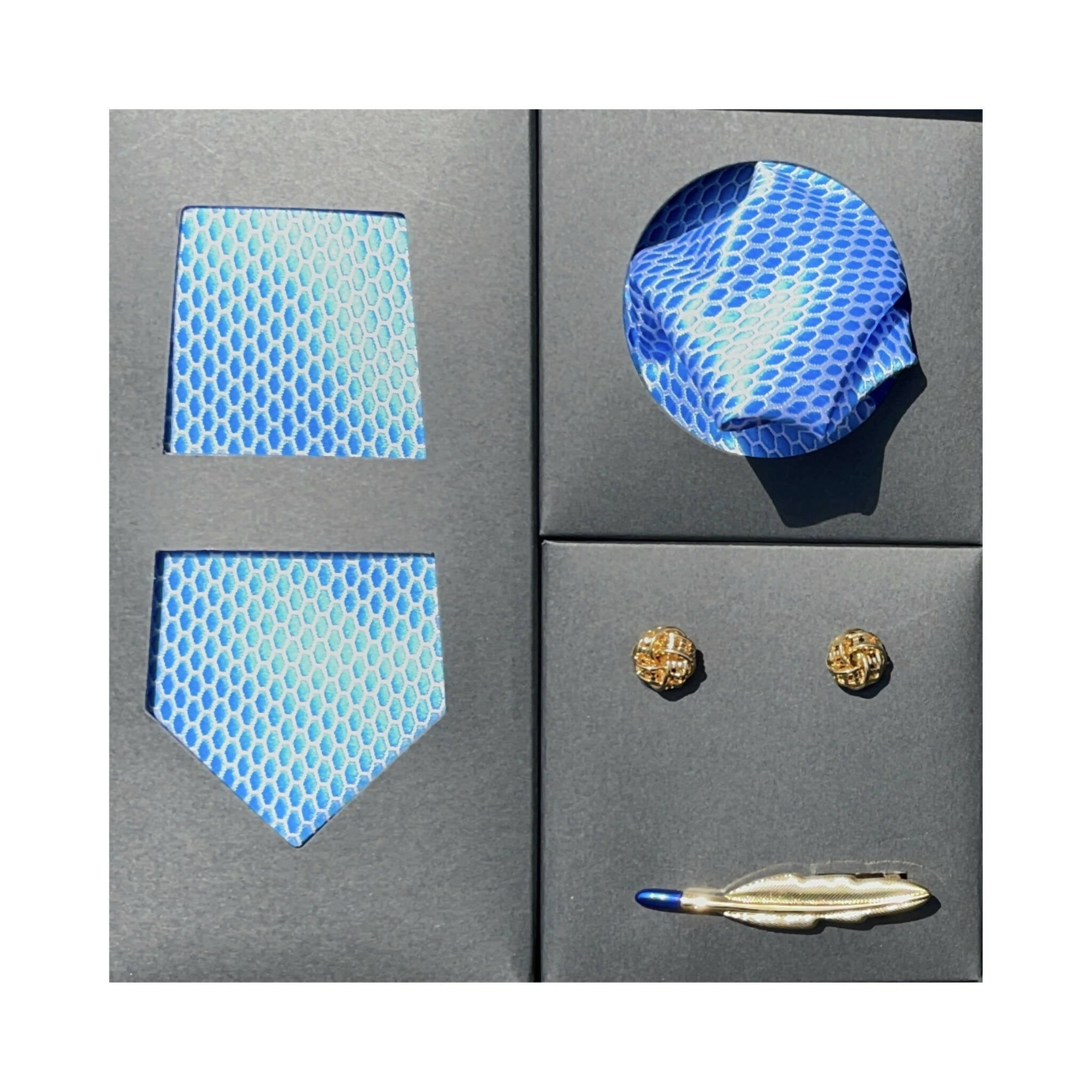 Tie Set, Light Blue 4 Pieces with Cufflinks & Clip by Don Louis