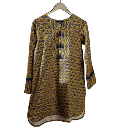 Blue & Yellow Khaddar Shirt, Beaded Frills, Stylish V-Slit, Graceful Lace Detailing, for Women