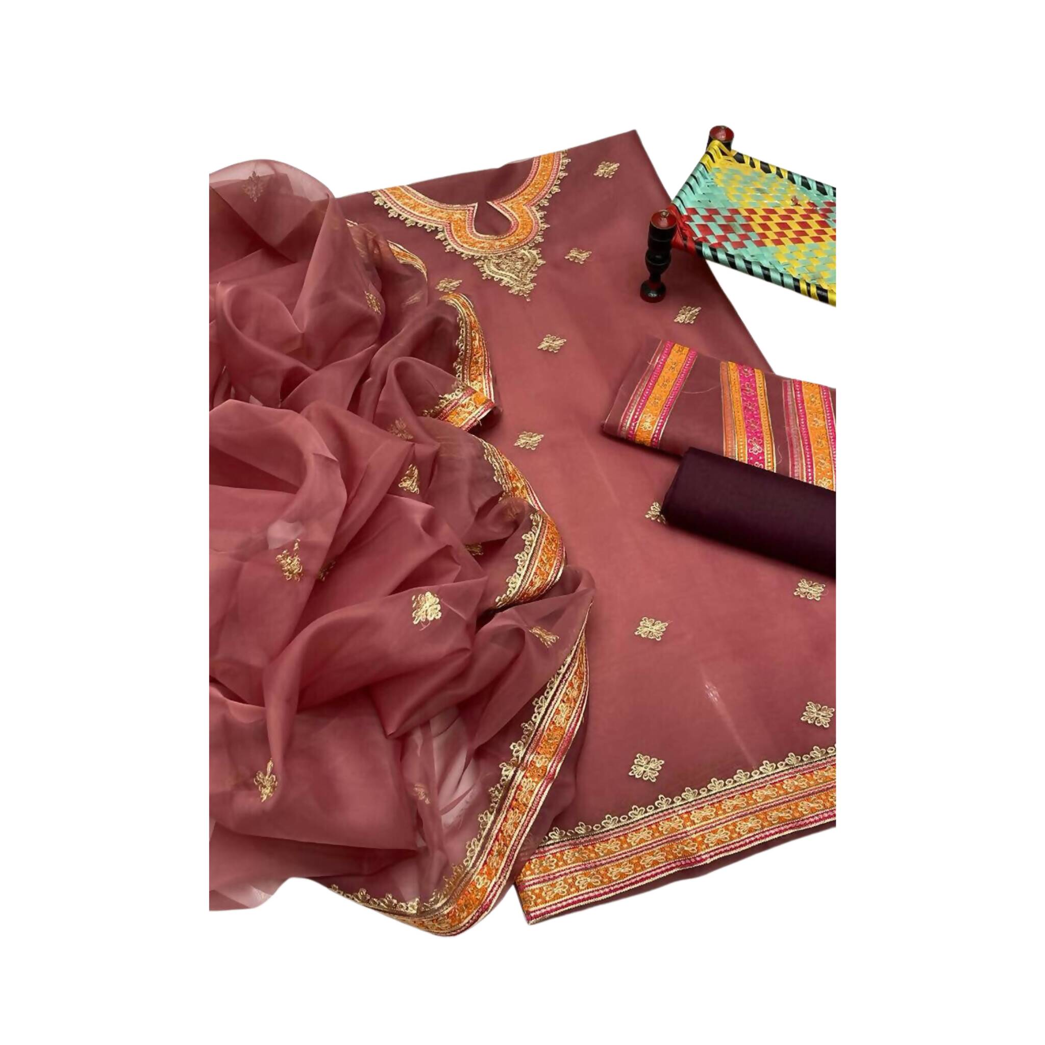 Unstitched Suit, Organza with Machine Embroidery & Resham/Tilla Work, for Women