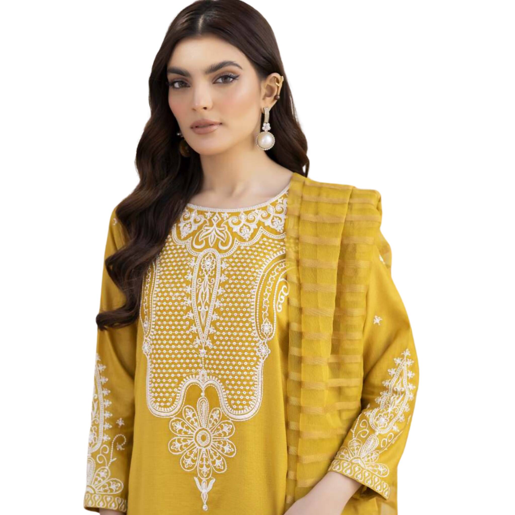 3-Piece Suit, Mustard Elegant Ensemble in Fine Lawn & Cambric Cotton