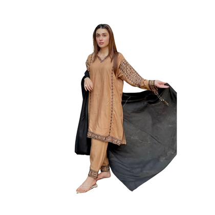 Embroidery Suit, Brown Chocolate & Linen Dress with Fine Stitching, for Women