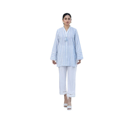 Shirt, Chic White & Blue Striped Cotton Lawn with Frayed Sleeves & Tassel