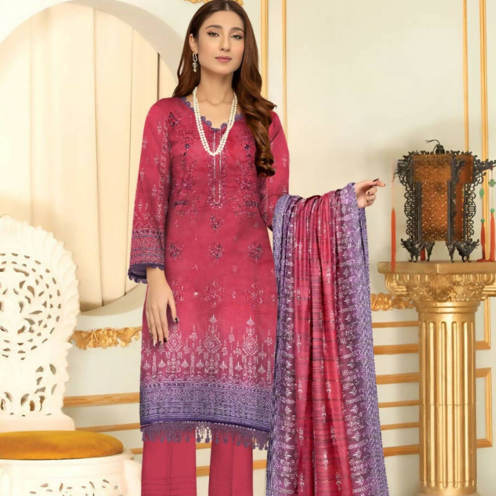 Dress, Embroidered Shirt, Lawn Trouser & Chiffon Dupatta - 3-Piece Set, for Women