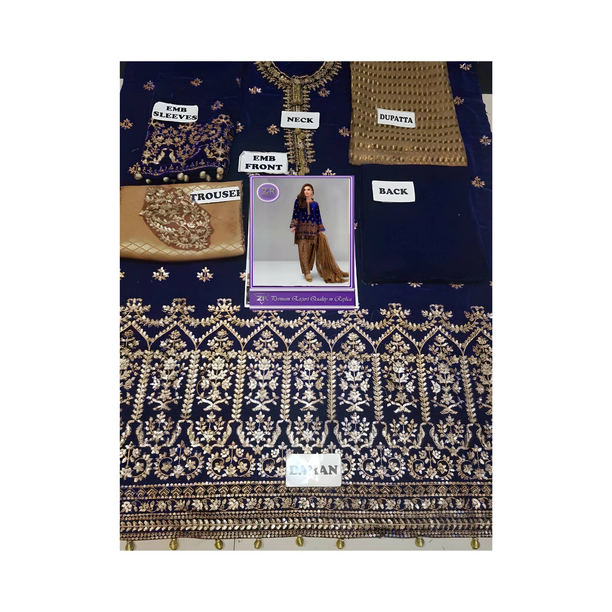 Unstitched Suit, Velvet Shirt with Jamawar Trousers & Self-Printed Net Dupatta, for Women