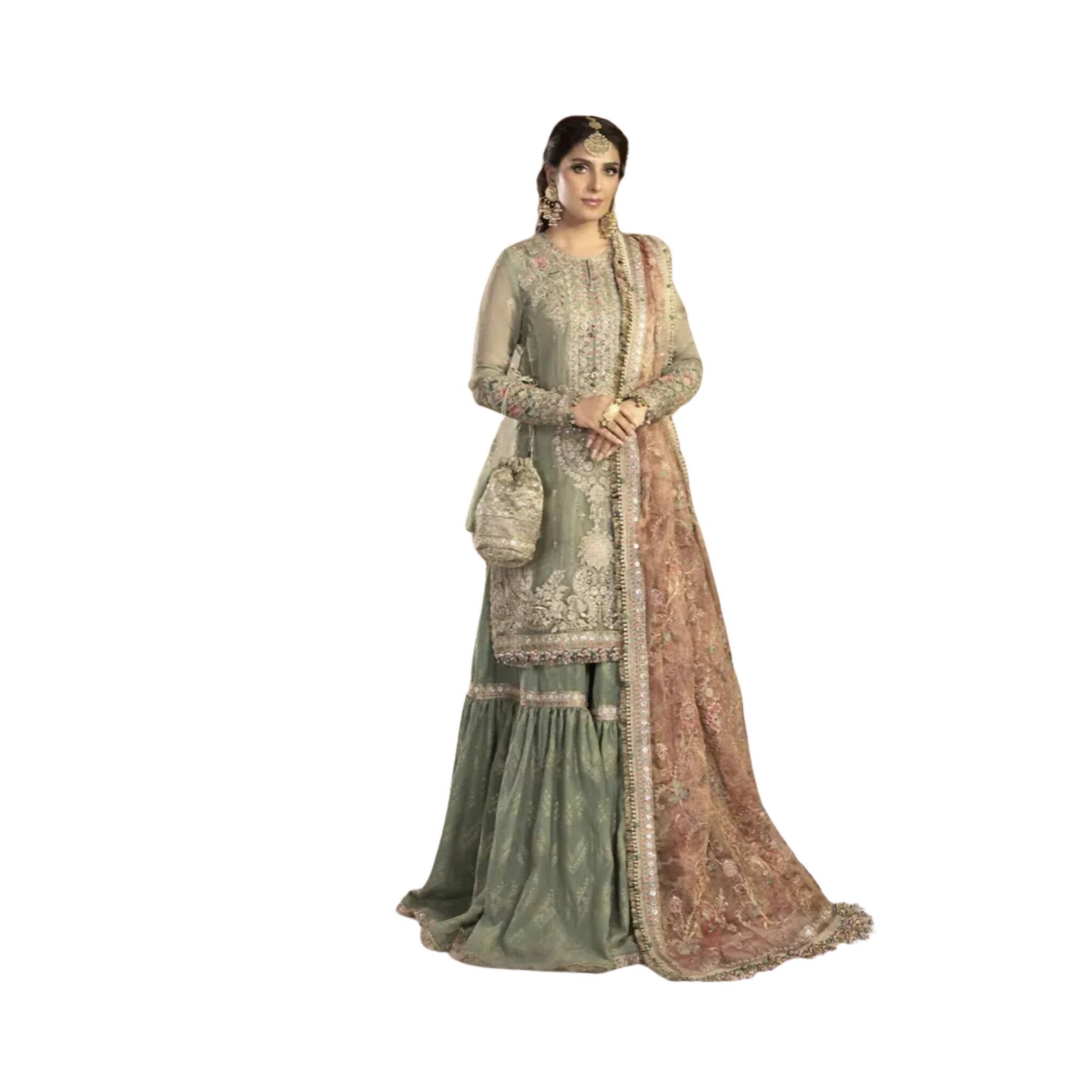 Unstitched Suit, Maysoori Embroidered with Net Dupatta & Jamawar Trouser