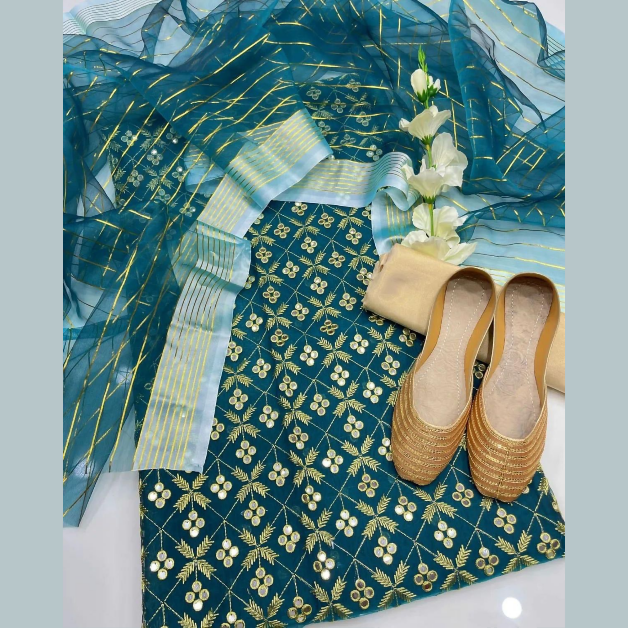 Unstitched Suit, Organza Mirror Work & Delicate Charm, for Women