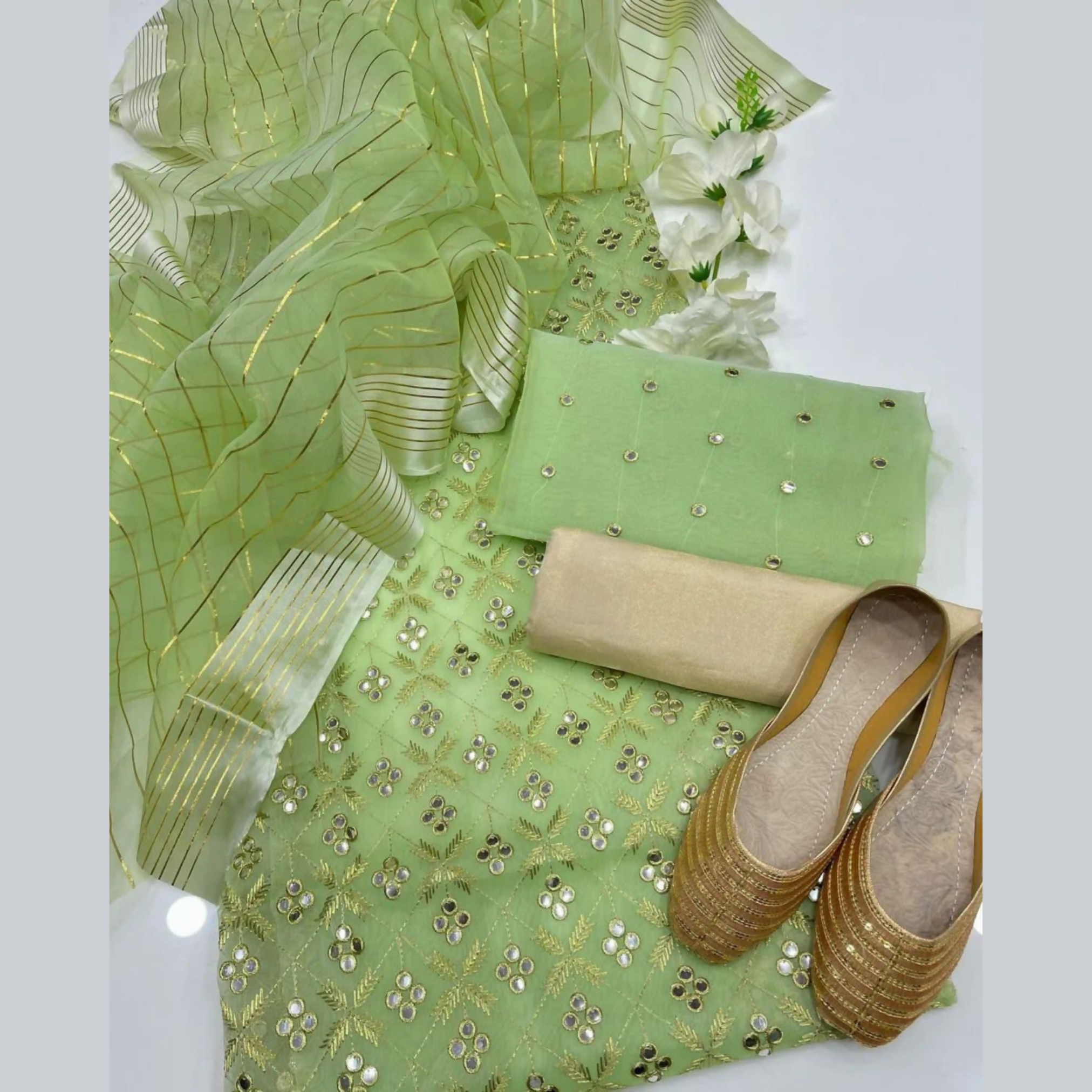 Unstitched Suit, Organza Mirror Work & Delicate Charm, for Women