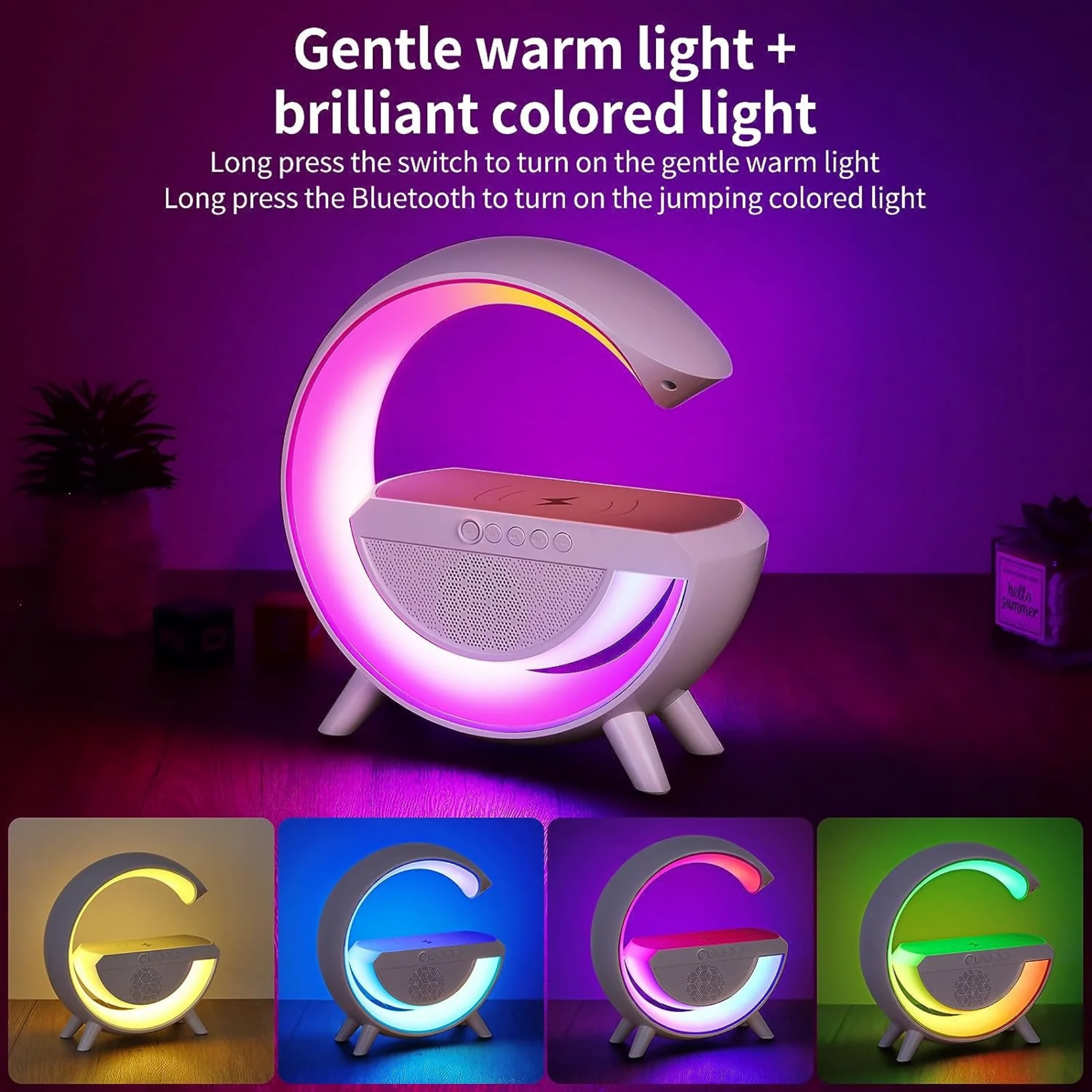 Wireless Charger Atmosphere Lamp,Bedside Lamp with Alarm Clock Bluetooth Speaker