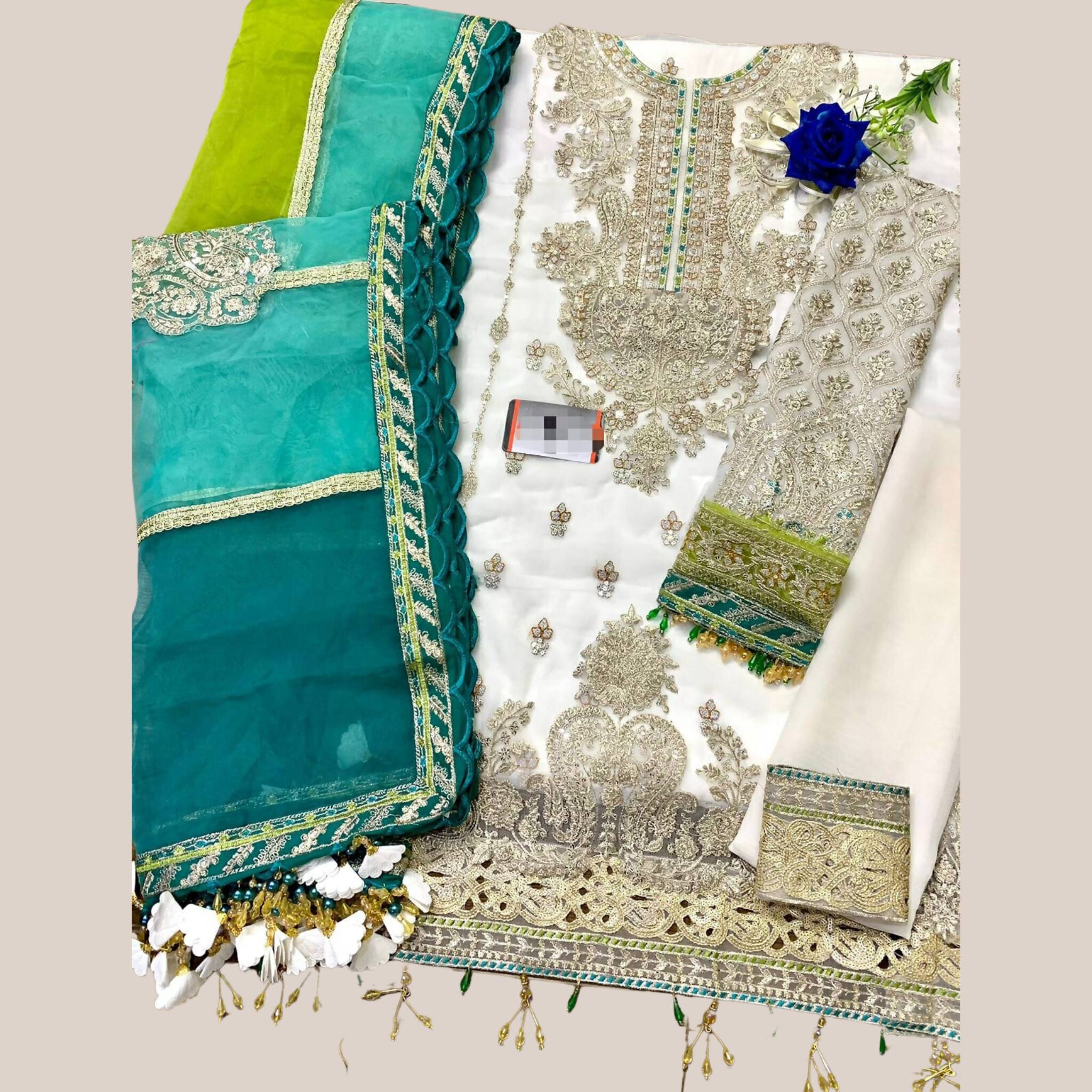 Unstitched Suit, Embroidered Spangle Work with Organza 3-Tone Dupatta, for Women