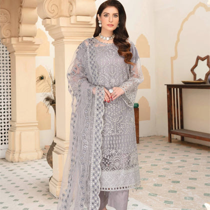 Suit, Net Embroidered Ensemble with Semi-Stitched Shirt & Dyed Trouser