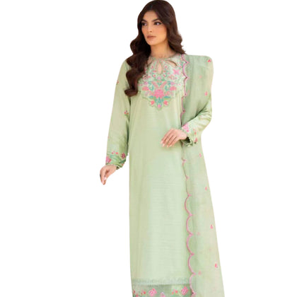 3 Piece Suit, Green Breathable Elegance in Fine Lawn & Cambric Cotton