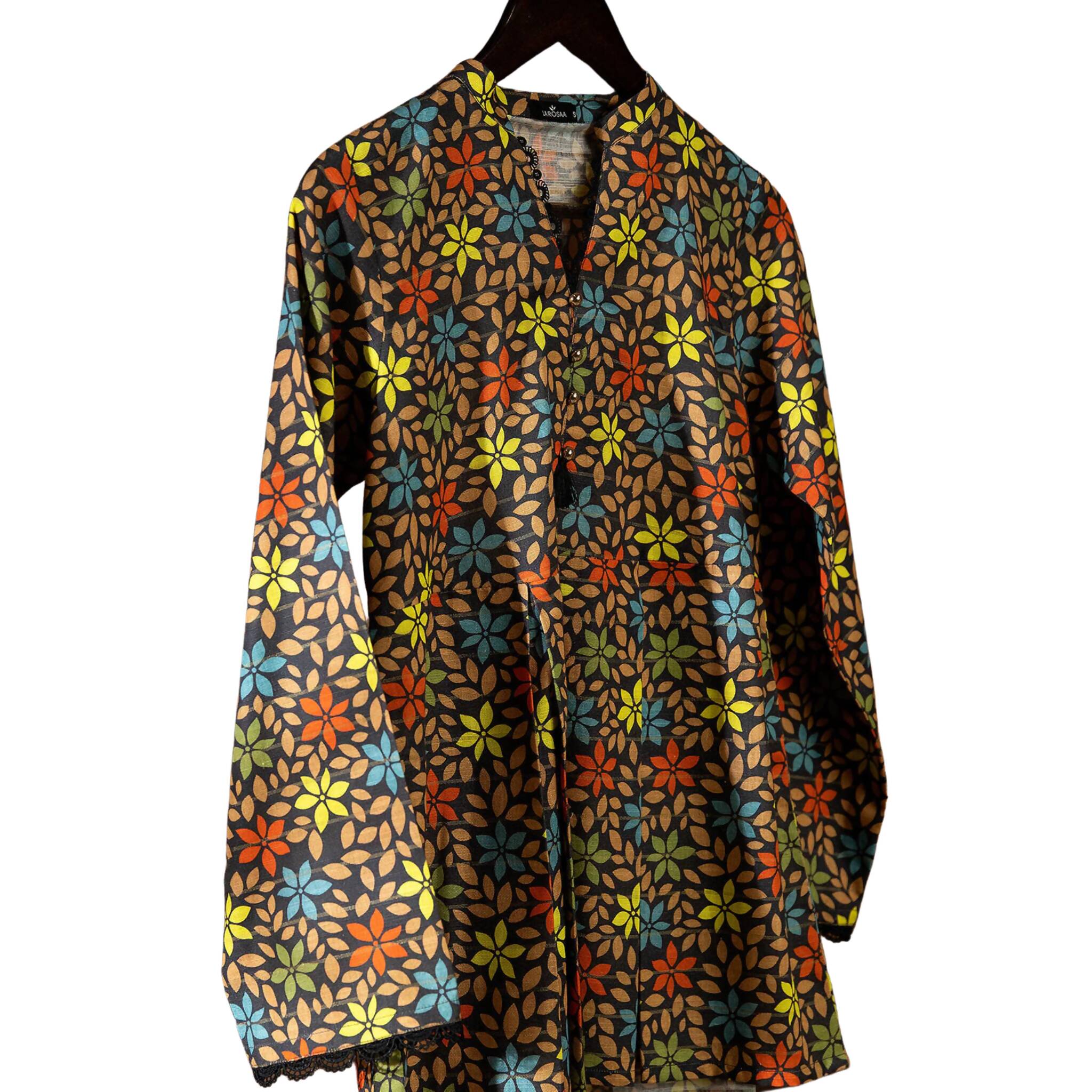 Khaddar Black Peplum, Charming Floral Print, Lace Detailing, Golden Accents