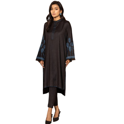 Timeless Black Kurta with Teal Embroidery - Contemporary Elegance, Dhanak Fabric