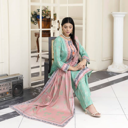 Unstitched Suit, Beach Glass 3-Piece Printed Lawn & Serene Elegance in Every Thread