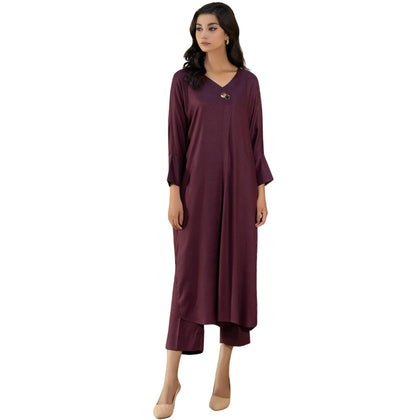 Suit, Elegant Plum 2-Piece Set with V Neckline, Golden Buttons & Straight Trouser