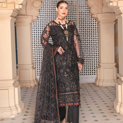 Suit, Chic and Elegant Semi-Stitched Net Ensemble with Embellishments, for Women