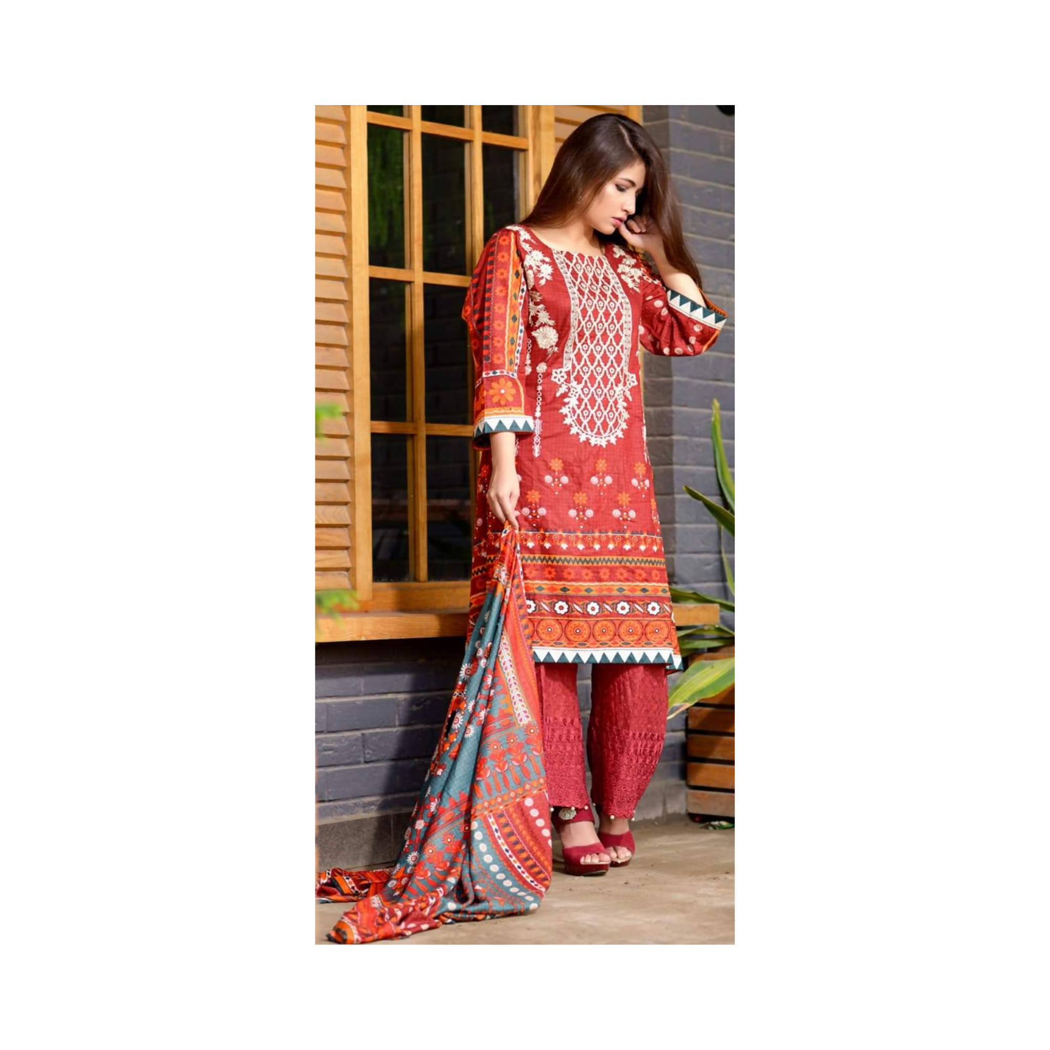 Embroidered Lawn Suit, Printed Dupatta, Chikankari Trouser, for Women