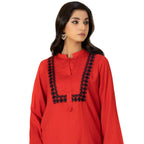 Suit, Red Embroidered 2Pc,Vibrant Red Self-Jacquard 2-Piece Set with Black