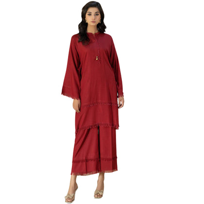 Suit, Chic Maroon Viscose 2-Piece Set with Golden Button Embellishments, for Women